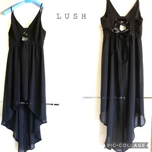 LUSH EUC Black Flowy Aframe spag strap midi dress. Formal or evening casual. S